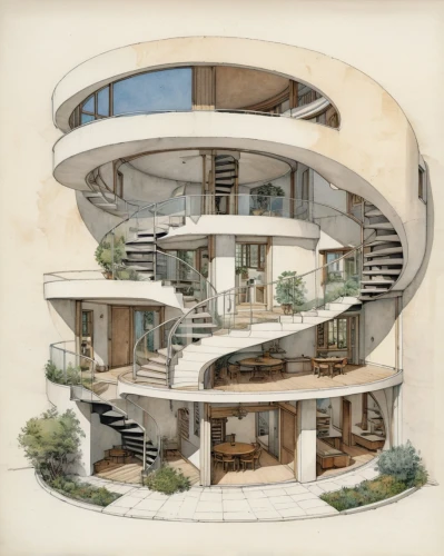 karchner,cohousing,seidler,habitaciones,archigram,architect plan,circular staircase,house drawing,cutaway,habitational,balconies,hejduk,modern architecture,multistorey,miralles,architettura,townhome,cutaways,architectura,futuristic architecture,Illustration,Paper based,Paper Based 29