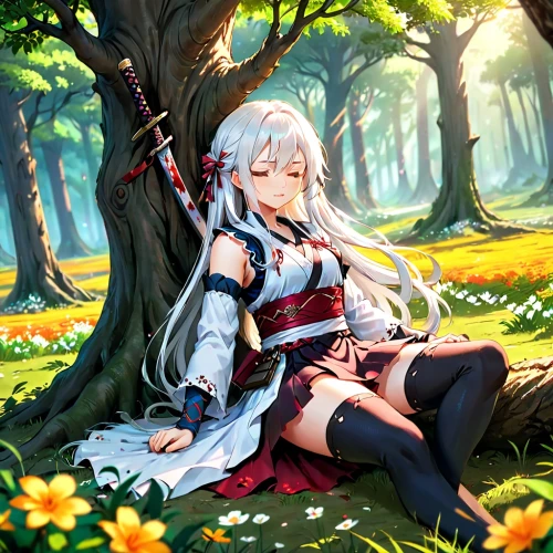 yggdrasil,forest background,idyll,lily of the field,spring background,springtime background,helilan,fallen petals,orchis,chaika,corrin,keine,nohr,inuyasha,schea,weiss,forest clover,girl lying on the grass,lumi,viera,Anime,Anime,General