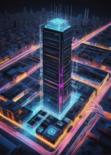 cybercity,cybertown,cyberport,microdistrict,ctbuh,cyberview,citydev,tron,electric tower,megapolis,business district,tianjin,electroluminescent,hypermodern,skyscraping,towergroup,cyberia,city blocks,pc tower,skyscraper,Illustration,Abstract Fantasy,Abstract Fantasy 01