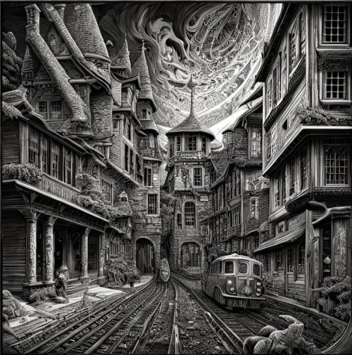 piranesi,escher,schuiten,schuitema,brodsky,deodato,destroyed city,relayer,phleger,turilli,primordia,metropolis,post-apocalyptic landscape,undercity,whitechapel,innsmouth,phlegm,woodring,bellairs,apocalyptic,Art sketch,Art sketch,Fantasy