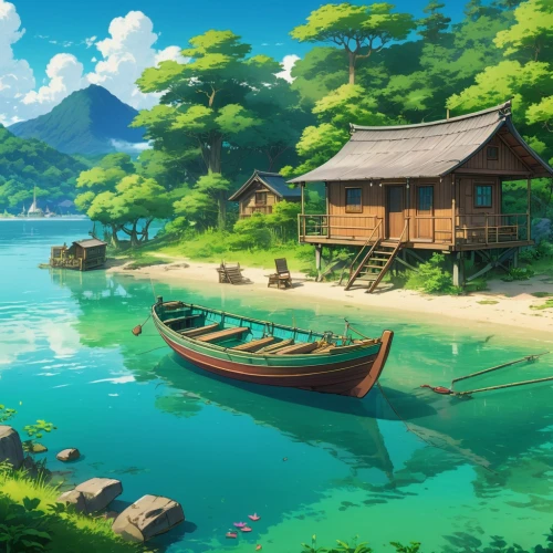 landscape background,boat landscape,fishing village,floating huts,idyllic,full hd wallpaper,wooden boat,summer background,japanese background,japan landscape,cartoon video game background,houseboat,beautiful lake,beach landscape,houseboats,beautiful wallpaper,seaside resort,an island far away landscape,sea landscape,ghibli,Illustration,Japanese style,Japanese Style 03