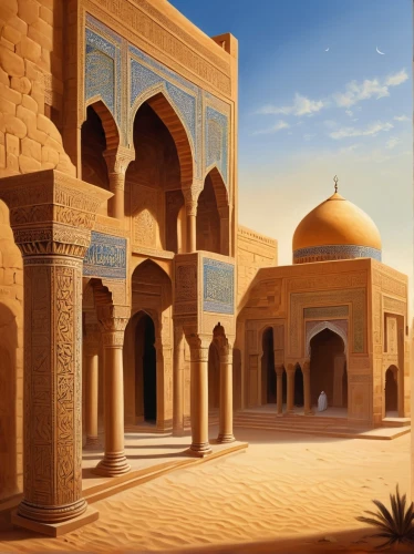 islamic architectural,king abdullah i mosque,qasr al watan,quasr al-kharana,al nahyan grand mosque,saliyah,mustansiriyah,mosques,mosque hassan,husseiniyah,diriyah,qasr al kharrana,deruta,libyan desert,riad,ouarzazate,kashan,marocco,benmerzouga,alabaster mosque,Conceptual Art,Oil color,Oil Color 22