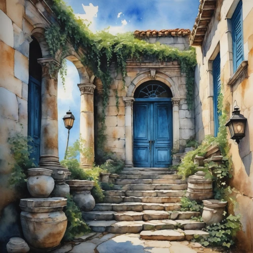 greek island door,stone gate,blue door,garden door,the threshold of the house,provencal,doorways,seregil,provence,old door,doorway,medieval street,world digital painting,ancient house,provencale,mediterranean,the door,village gateway,french digital background,meteora,Illustration,Realistic Fantasy,Realistic Fantasy 07