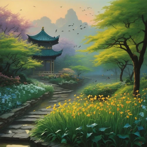 spring background,landscape background,springtime background,cartoon video game background,japanese sakura background,qibao,sakura background,japanese floral background,bird kingdom,flower background,flower painting,fantasy landscape,nature background,yellow garden,background design,oriental painting,japan garden,yanzhao,tianxia,japan landscape,Conceptual Art,Fantasy,Fantasy 20