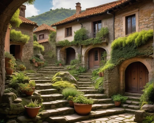 patios,courtyard,stone houses,courtyards,terraces,parador,patio,casabella,provencal,horcasitas,asturias,terraced,stone stairs,escaleras,asturiana,tuscan,winding steps,hacienda,shire,roof landscape,Illustration,Black and White,Black and White 24