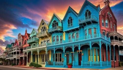 rowhouses,row houses,new orleans,victorian house,neworleans,old victorian,victorian,beautiful buildings,victorians,curacao,rowhouse,french quarters,townhouses,brownstones,oranjestad,row of houses,marignac,frederiksted,victoriana,key west,Illustration,Realistic Fantasy,Realistic Fantasy 33