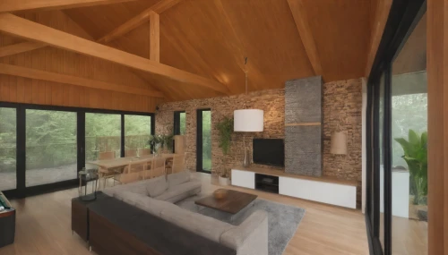 timber house,3d rendering,wooden beams,modern living room,passivhaus,interior modern design,renderings,inverted cottage,home interior,sketchup,log cabin,forest house,cabin,modern room,family room,living room,fire place,small cabin,livingroom,the cabin in the mountains