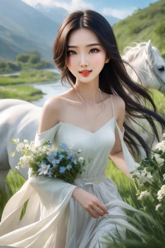 white rose snow queen,landscape background,beautiful girl with flowers,flower background,fantasy picture,nature background,flower girl,shepherdess,white blossom,diaochan,white horse,a white horse,flower fairy,ao dai,moonflower,fairy queen,lily of the field,yiwen,the bride,huayi,Photography,Commercial