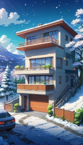 holiday complex,snow roof,dreamhouse,ski resort,house in the mountains,winter house,modern house,holiday villa,snow slope,house in mountains,house by the water,sky apartment,snow house,luxury property,residential,snowy landscape,snow landscape,zoku,snow scene,dunes house,Illustration,Japanese style,Japanese Style 03