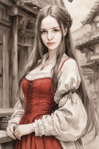 hanbok,victorian lady,noblewoman,scotswoman,girl in a historic way,red riding hood,female doll,belle,dirndl,kunqu,little red riding hood,hanfu,guqin,cosette,nelisse,red tunic,red coat,duchesse,white lady,anne,Digital Art,Ink Drawing