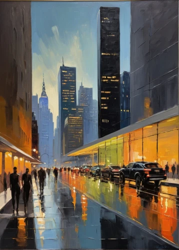 cityscape,1 wtc,skyscrapers,levinthal,esb,city scape,financial district,urban,oil painting on canvas,evening city,cityscapes,wtc,grand central terminal,wall street,painting technique,oil painting,midtown,city corner,grand central station,pedestrian,Conceptual Art,Oil color,Oil Color 22