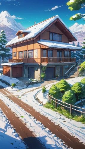 shinbo,snow slope,snow roof,snow scene,clannad,kotoko,winter house,house in the mountains,kyokai,butka,winter background,kazoku,hashiba,snowy landscape,house in mountains,dreamhouse,holiday complex,setsuna,kotoinazuma,chitose,Illustration,Japanese style,Japanese Style 03