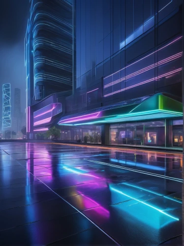 futuristic landscape,cybercity,guangzhou,futuristic art museum,futuristic architecture,colored lights,cityscape,colorful city,cyberport,light trail,city scape,neon arrows,cybertown,polara,neon light,neon lights,city at night,ambient lights,cityscapes,futurist,Illustration,Retro,Retro 07