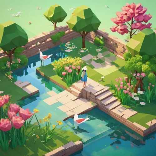 lowpoly,spring background,lily pond,garden pond,springtime background,koi pond,idyllic,pond,wishing well,fishpond,fairy village,bird kingdom,game illustration,pigeon spring,idyll,watermill,township,isometric,android game,lilly pond,Unique,3D,Low Poly