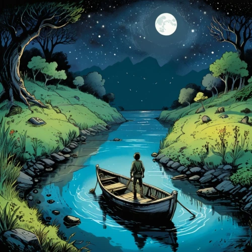 boat landscape,canoe,dugout canoe,canoeing,coracle,canoed,the night of kupala,pescador,kupala,fisherman,canoer,little boat,fisherwoman,ozark,boatman,fishing,sampan,perahu,digital illustration,night scene,Illustration,American Style,American Style 13