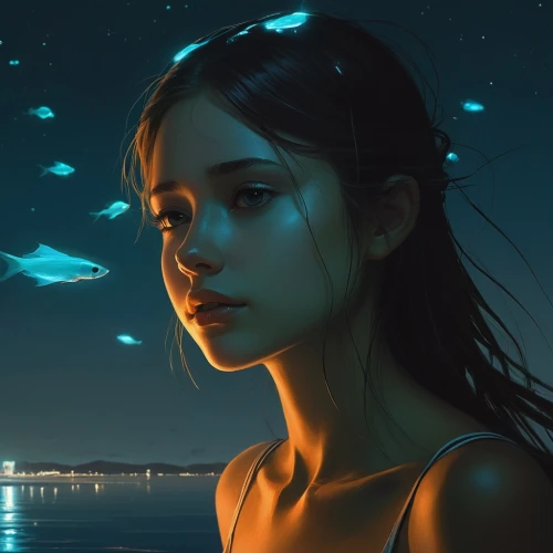 bioluminescent,girl with a dolphin,fireflies,bioluminescence,sci fiction illustration,selene,sea night,cielo,markarian,night stars,firefly,fathom,mystical portrait of a girl,underwater background,stargazer,falling stars,dreamscapes,water pearls,naiad,mermaid background,Conceptual Art,Sci-Fi,Sci-Fi 07