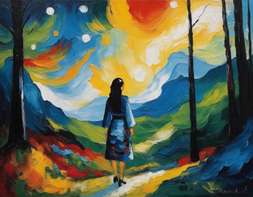 girl walking away,woman walking,caminos,gouache,oil painting on canvas,girl with tree,oil painting,pathway,oil on canvas,acrylic paint,moonwalked,indigenous painting,art painting,light bearer,oil paint,starry night,falling star,painting technique,fireflies,falling stars,Art,Artistic Painting,Artistic Painting 37