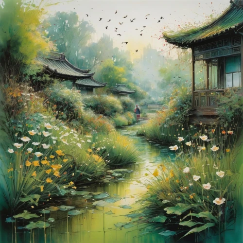 watercolor background,lotus pond,flower painting,wuyuan,hoshihananomia,japanese art,japanese floral background,haiyuan,world digital painting,japan landscape,shaoming,home landscape,oriental painting,qingming,yiping,haiping,japan garden,takahata,watercolor,wenzhao,Illustration,Paper based,Paper Based 13