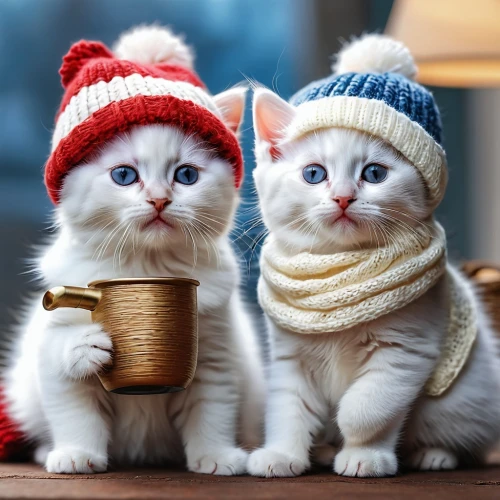 snowcats,winter animals,christmas hats,cute animals,cute cat,carolers,kitten hat,kittens,touques,winter clothing,winter clothes,winter hat,beanies,mignons,white cat,two cats,carol singers,cat lovers,baby cats,warm and cozy,Photography,General,Natural