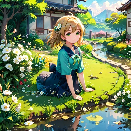 chihiro,spring background,kururi,springtime background,printemps,michiru,lily pond,blooming grass,sanae,girl picking flowers,green summer,landscape background,ricefield,darjeeling,grass blossom,tsumugi kotobuki k-on,frog background,summer background,yachi,lilly pond,Anime,Anime,Realistic