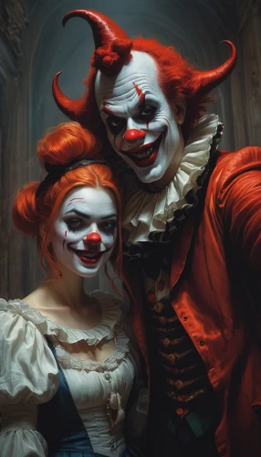 pareja,gothic portrait,personajes,beautiful couple,clowns,fantasmas,couple goal,magicians,tricksters,ventriloquist,the carnival of venice,pennywise,halloween costumes,bizarros,deviants,cirkus,necromancers,halloween wallpaper,angel and devil,fairytale characters,Conceptual Art,Fantasy,Fantasy 11