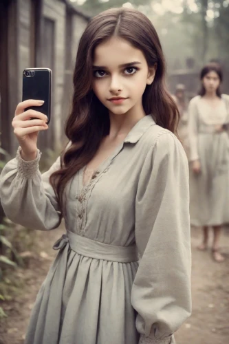 woman holding a smartphone,girl making selfie,girl in a historic way,the girl's face,girl in a long dress,social media addiction,the girl in nightie,cosette,evgenia,anachronism,eponine,picturephone,internet addiction,iphone 6 plus,kirtle,music on your smartphone,girl in a long,anachronisms,lumia,stoker,Photography,Cinematic