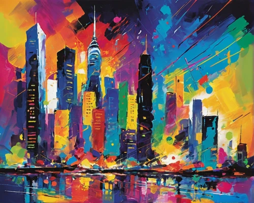 colorful city,cityscape,nielly,new york skyline,city skyline,painting technique,chicago skyline,cityscapes,art painting,city cities,megacities,skyscrapers,spray paint,metropolis,city scape,city lights,cities,colorful background,lumpur,lic,Conceptual Art,Oil color,Oil Color 20