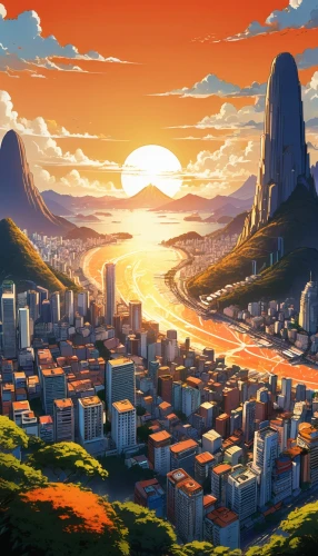 honolulu,rio,niijima,meteora,machico,nadesico,futuristic landscape,rio de janeiro,waikiki,ipanema,busan,ichigaya,kanto,moc chau hill,rikkyo,copacabana,skyline,cityscape,kizu,rising sun,Illustration,Japanese style,Japanese Style 03