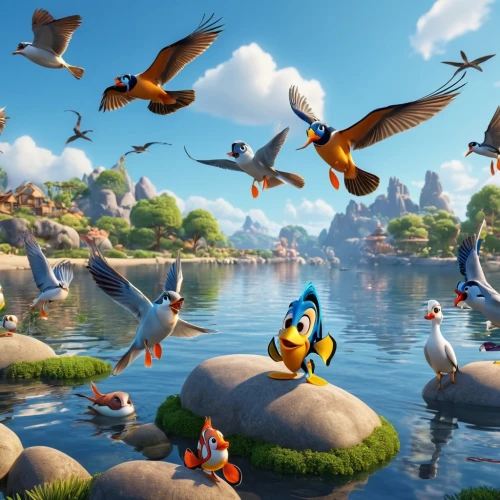 bird kingdom,bird bird kingdom,flock of birds,birds of the sea,migratory birds,flying birds,birds in flight,bird migration,cartoon video game background,birds flying,storks,bird island,disneynature,bird flight,sea birds,tropical birds,zambezia,flock of geese,water birds,wild birds,Photography,General,Realistic