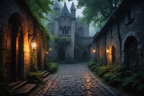 medieval street,ruelle,ravenloft,nargothrond,medieval town,narrow street,riftwar,eltz,alleyway,alley,theed,neverwhere,the cobbled streets,alleyways,fantasy landscape,fantasy picture,waterdeep,myst,old linden alley,witch's house,Illustration,Japanese style,Japanese Style 17