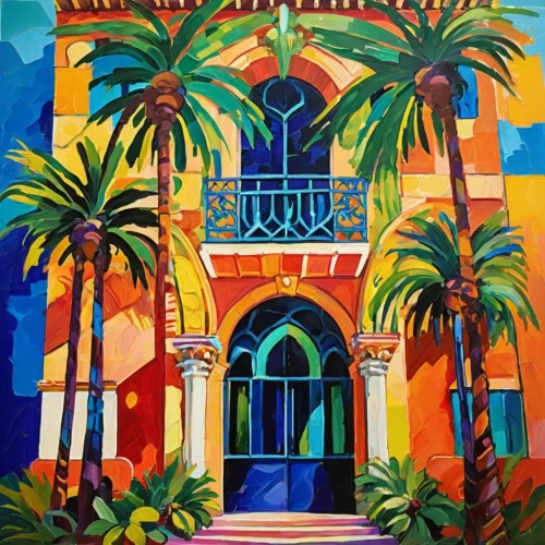 majorelle,riad,fresnaye,mizner,fauvism,palm branches,dufy,the palm,colorful facade,menton,wolfsonian,hacienda,mcnay,mediterranean,djerba,fauvist,tangier,facade painting,provencal,bordighera,Conceptual Art,Oil color,Oil Color 20