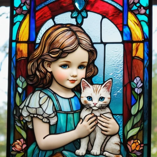 stained glass window,stained glass,glass painting,stained glass windows,stained glass pattern,white cat,cat with blue eyes,blue eyes cat,little boy and girl,cat frame,children's background,church window,cat lovers,church painting,vintage cat,child's frame,blessing of children,glass window,felino,vintage children,Unique,Paper Cuts,Paper Cuts 08