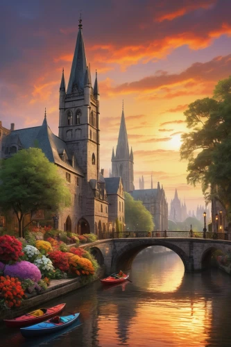 netherland,ghent,holand,fantasy landscape,beautiful landscape,fantasy picture,colorful city,notre dame,city moat,netherlands,bruges,splendid colors,holland,the netherlands,river landscape,landscape background,holanda,beautiful buildings,belgium,landscapes beautiful,Art,Artistic Painting,Artistic Painting 25