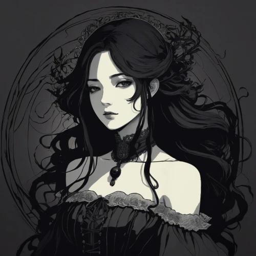 aradia,persephone,victorian lady,crow queen,dead bride,vampire lady,ophelia,boudria,goth woman,widow flower,chiaradia,victoriana,black rose,isoline,gothic woman,vestal,lady of the night,gothic portrait,vampire woman,raven girl,Illustration,Black and White,Black and White 02