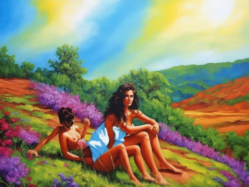 purple landscape,girl and boy outdoor,ladyland,art painting,lavender fields,lachapelle,adam and eve,oil painting on canvas,photo painting,lavenders,lavender field,oil painting,pintura,young couple,landscape background,pittura,romantic scene,madding,peinture,pintor,Illustration,Paper based,Paper Based 09