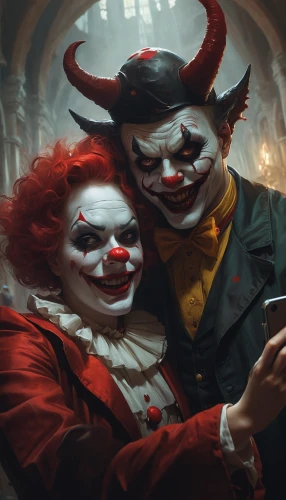 demonomicon,jokers,clowns,magicians,bizarros,selfie,tricksters,creepy clown,cirkus,splicers,villains,juggalos,world digital painting,necromancers,personajes,conjurers,villanos,horror clown,joker,it,Conceptual Art,Fantasy,Fantasy 11