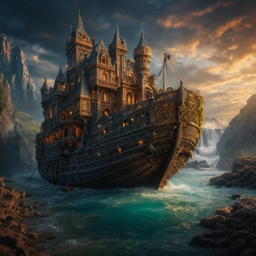 fantasy picture,sea fantasy,fantasy art,fantasy landscape,3d fantasy,lyonesse,galleons,viking ship,heroic fantasy,beleriand,world digital painting,maelstrom,dragonstone,boat landscape,ghost ship,atlantica,pirate ship,fantasy world,galleon,caravel,Photography,General,Fantasy