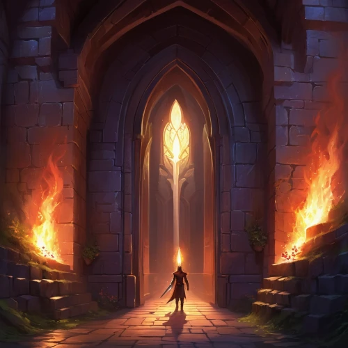 hall of the fallen,pillar of fire,the eternal flame,threshold,burning torch,shadowgate,threshhold,the threshold of the house,door to hell,doorways,iron gate,torchlight,archway,igniting,fire background,torches,chasm,firelight,flickering flame,ignited,Illustration,Realistic Fantasy,Realistic Fantasy 01