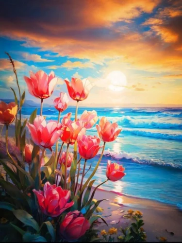 splendor of flowers,flower painting,flower in sunset,flower background,tulip background,pink tulips,splendid colors,springtime background,colorful background,sea of flowers,flowerful desert,colorful flowers,landscape background,spring background,nature wallpaper,beach landscape,wild tulips,spring morning,background colorful,tulip flowers