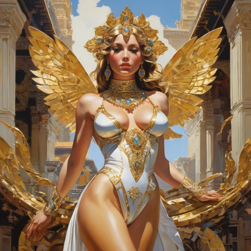 baroque angel,goddess of justice,cleopatra,archangel,estess,emperatriz,fantasy woman,aureum,angel,goldmoon,fire angel,athena,sisoulith,golden crown,priestess,fantasy art,cherubim,zauriel,cyberangels,seraphim,Conceptual Art,Oil color,Oil Color 07