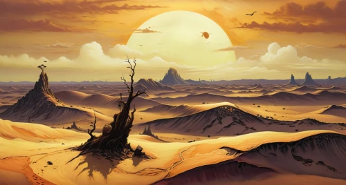 badland,dune landscape,desert background,volcanic landscape,desert landscape,desert desert landscape,lunar landscape,alien planet,mushroom landscape,primordia,yellow mountains,earth rise,fantasy landscape,cartoon video game background,sundered,valles,desert planet,capture desert,moon valley,post-apocalyptic landscape,Illustration,American Style,American Style 15