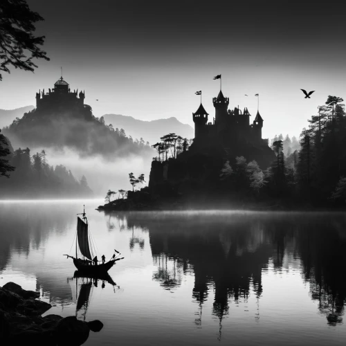 calmness,evening lake,foggy landscape,fantasy picture,stillness,tranquility,beautiful lake,wudang,calm water,black landscape,lake bled,guilin,floating over lake,mists,mountainlake,morning mist,shaoming,quietude,boat landscape,swan lake,Illustration,Black and White,Black and White 33