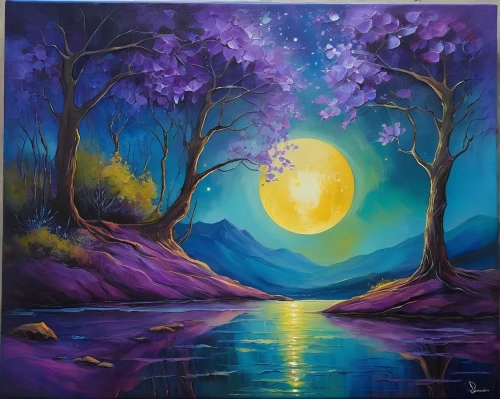 purple moon,blue moon,purple landscape,hanging moon,moonlit night,oil painting on canvas,moonlighted,moonrise,art painting,moonlit,moonshadow,moonbeams,poornima,oil painting,purnima,moonlighters,moonstruck,moonlight,moondance,moon shine,Illustration,Realistic Fantasy,Realistic Fantasy 30