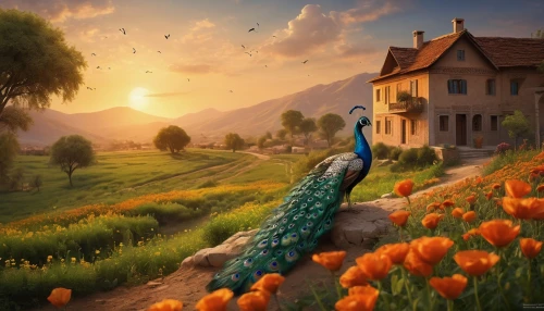 fantasy picture,fantasy landscape,world digital painting,springtime background,fantasy art,spring background,landscape background,whimsical animals,harp with flowers,home landscape,3d fantasy,fairy peacock,fairytale,fantasy animal,rapunzel,meadow landscape,photo manipulation,fairy tale,mermaid background,peacock,Photography,General,Cinematic