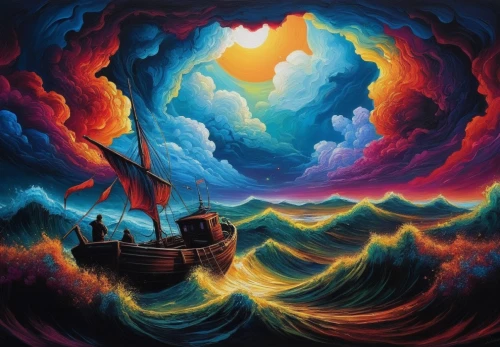 sea fantasy,rainbow waves,rainbow at sea,poseidon,boat landscape,sea storm,igelstrom,maelstrom,el mar,ocean,samudra,ocean background,shipwreck,fantasy picture,navigated,at sea,dream art,the endless sea,sea landscape,tidal wave,Illustration,Realistic Fantasy,Realistic Fantasy 25