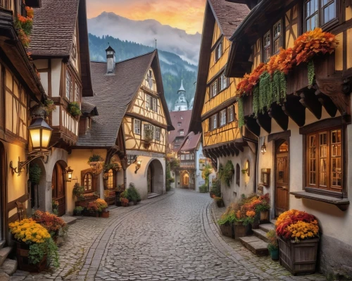 medieval street,alpine village,franconian switzerland,medieval town,half-timbered houses,germany,allemagne,escher village,rothenburg,alsace,thun,bernese highlands,suiza,the cobbled streets,hallstatt,switzerland,schweiz,switzerlands,rothenburg of the deaf,mountain village,Illustration,Realistic Fantasy,Realistic Fantasy 42