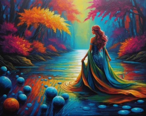 dubbeldam,oil painting on canvas,fantasy art,fantasy picture,bohemian art,art painting,colorful background,vibrantly,harmony of color,girl on the river,the mystical path,oil painting,vibrancy,colorful tree of life,the blonde in the river,colorful light,dream art,background colorful,boho art,color fields,Illustration,Realistic Fantasy,Realistic Fantasy 25