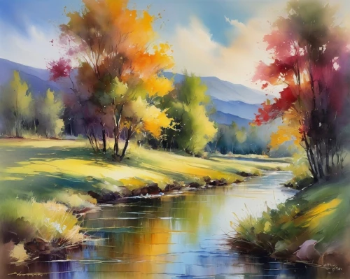 autumn landscape,fall landscape,river landscape,watercolor background,autumn background,autumn scenery,flowing creek,autumn idyll,meadow in pastel,landscape background,autumn morning,river bank,watercolorist,nature landscape,fall foliage,autumn day,one autumn afternoon,landscape nature,mountain river,watercolor,Illustration,Paper based,Paper Based 11