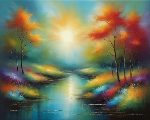 dubbeldam,autumn landscape,light of autumn,colorful light,oil painting on canvas,sunbursts,dreamscape,colorful tree of life,river landscape,art painting,autumn background,forest landscape,fall landscape,aura,autumn sun,sunburst background,dreamscapes,sun reflection,harmony of color,sunburst,Conceptual Art,Daily,Daily 32