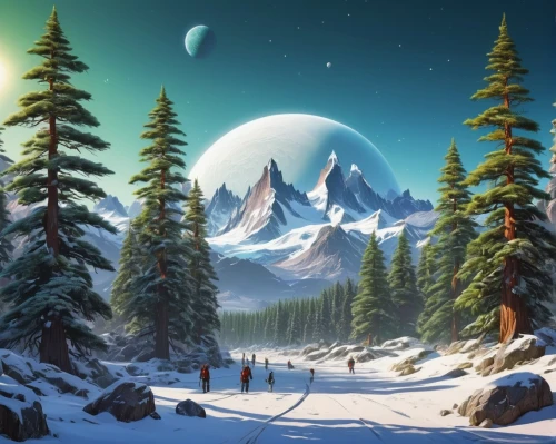 christmas snowy background,winter background,christmas landscape,snowy landscape,snow landscape,christmasbackground,snowy mountains,cartoon video game background,winter landscape,coniferous forest,landscape background,snow scene,north pole,snowy peaks,moon and star background,ice planet,winter forest,christmas background,elves country,mountain scene,Conceptual Art,Sci-Fi,Sci-Fi 20